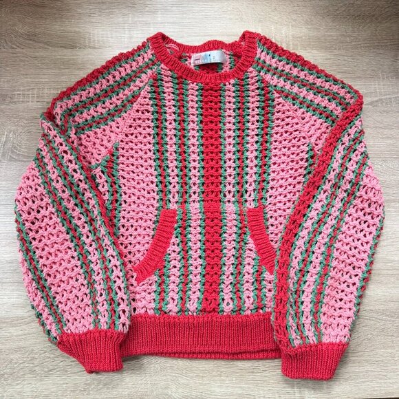 New Free People Dayton Pullover Crochet Knit Striped Sweater Red Pink XS - Picture 1 of 10
